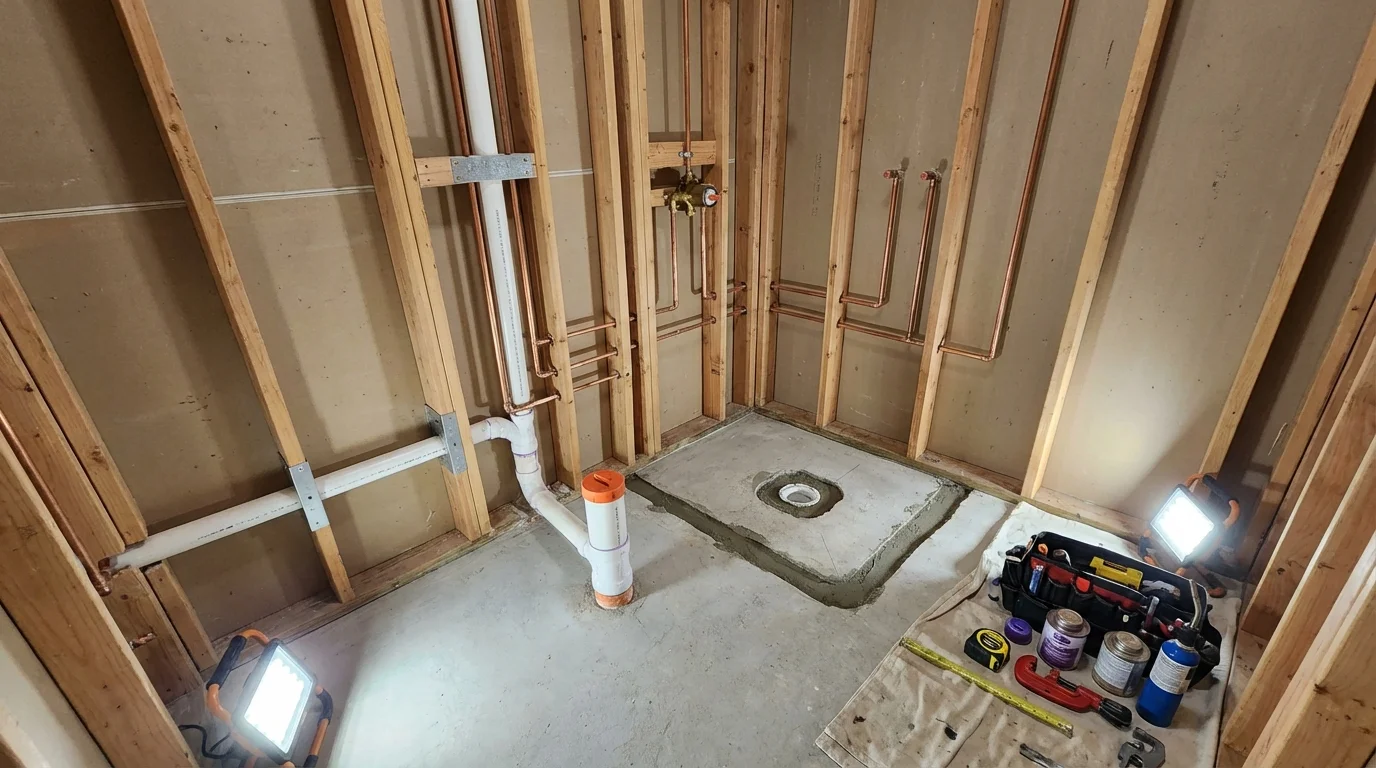 Bathroom rough-in plumbing during remodel by Johns Plumbing LLC in Saint Paul