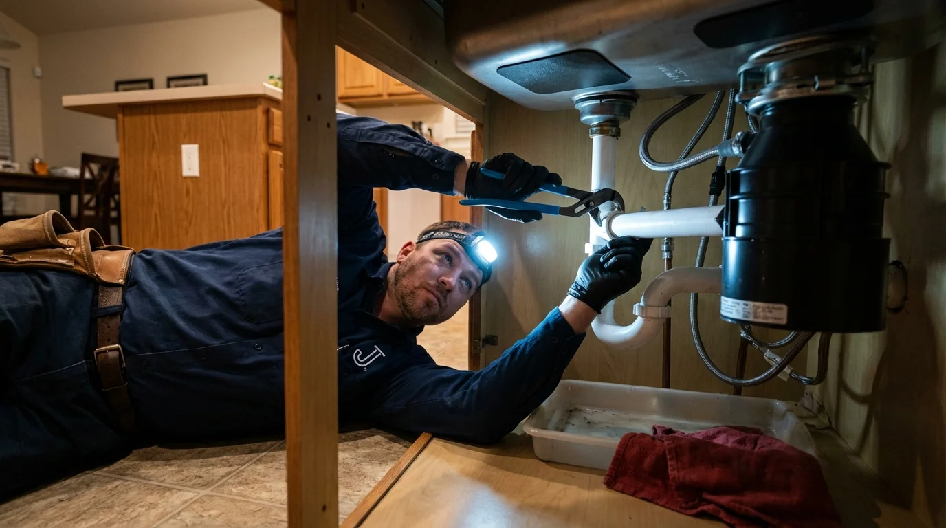 P-trap and supply line connections under a kitchen sink showing a common leak point in Saint Paul, MN